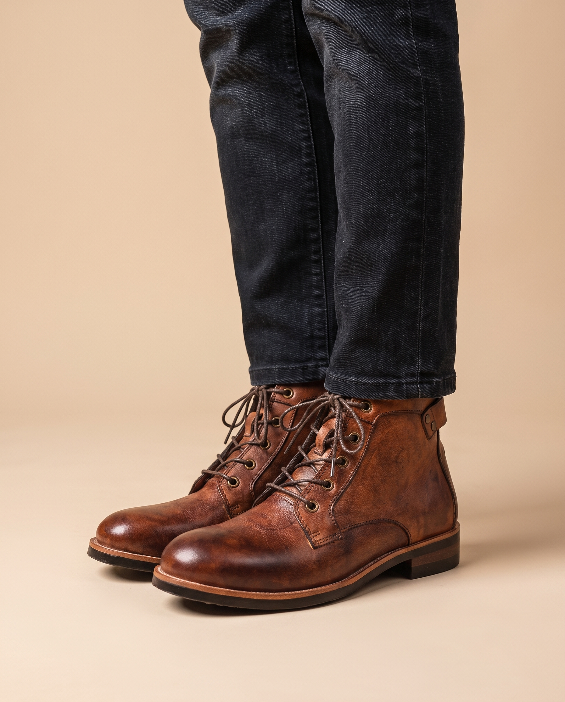 Herrenschuh auf warmbeigem Hintergrund #E8DED2 mit männlichem Modell
