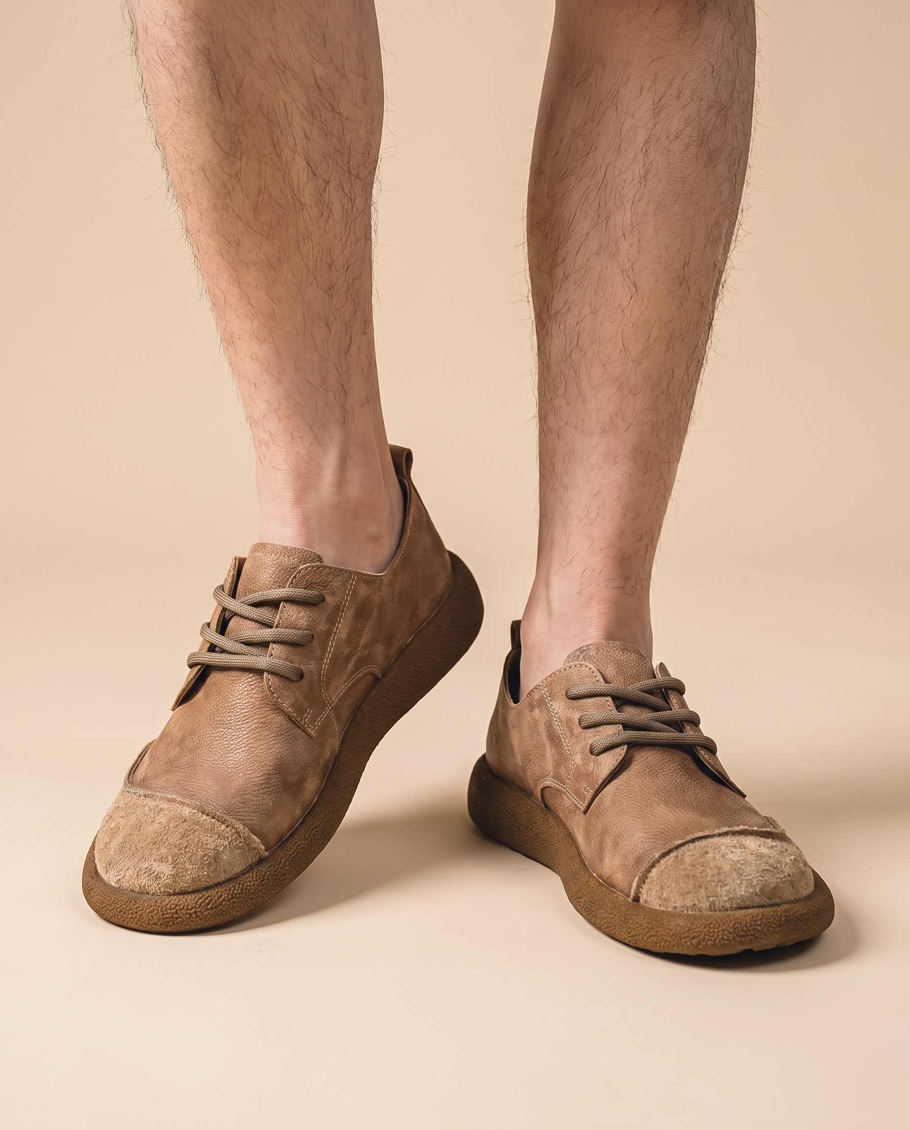 Herrenschuh auf warmbeigem Hintergrund #E8DED2 mit männlichem Modell