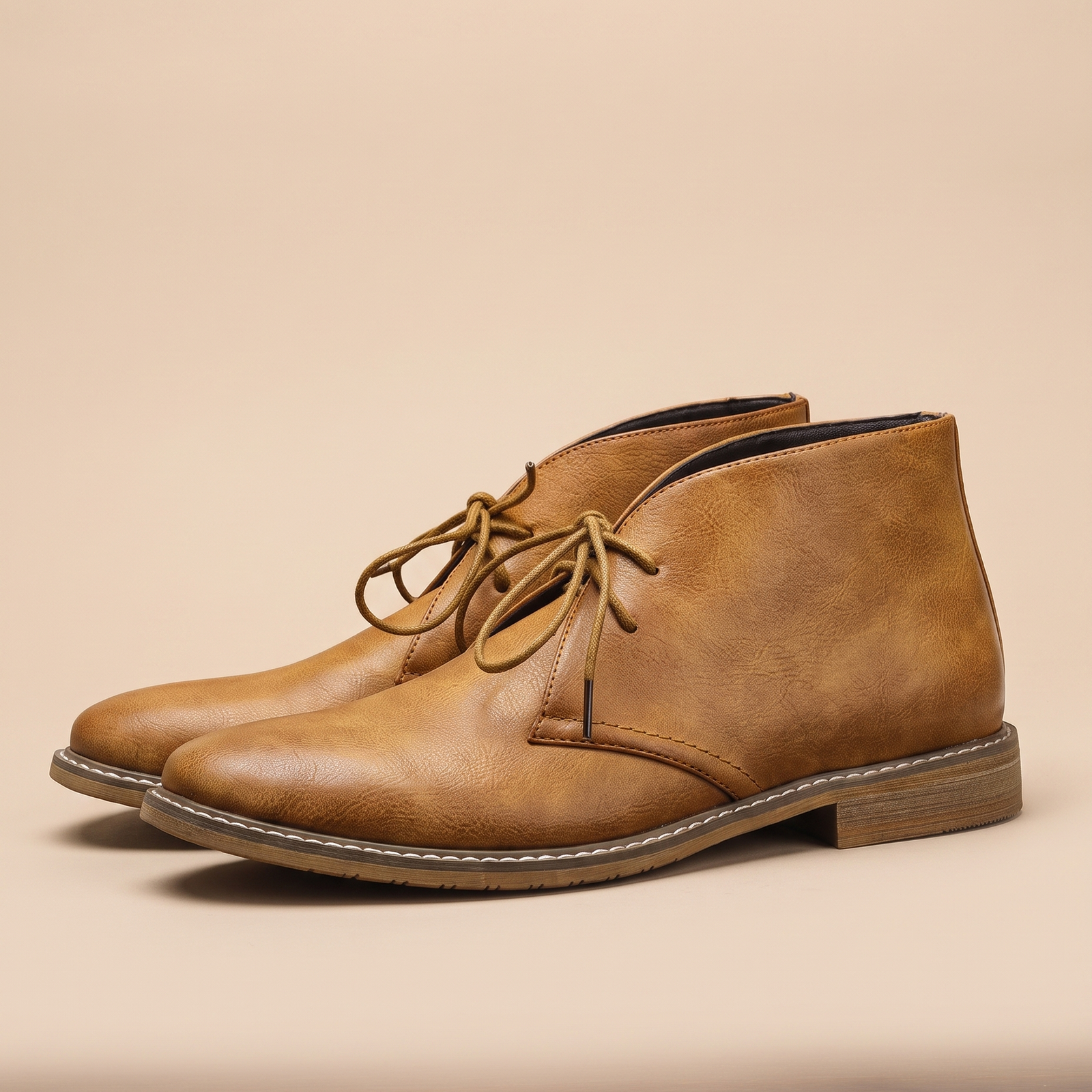 Herrenschuh auf warmbeigem Hintergrund #E8DED2 mit männlichem Modell