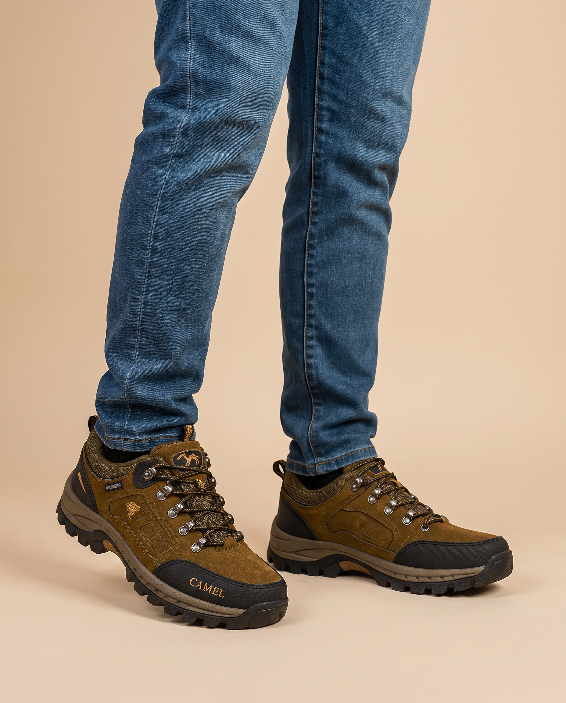 Herrenschuhe mit männlichem Model auf beigem Hintergrund