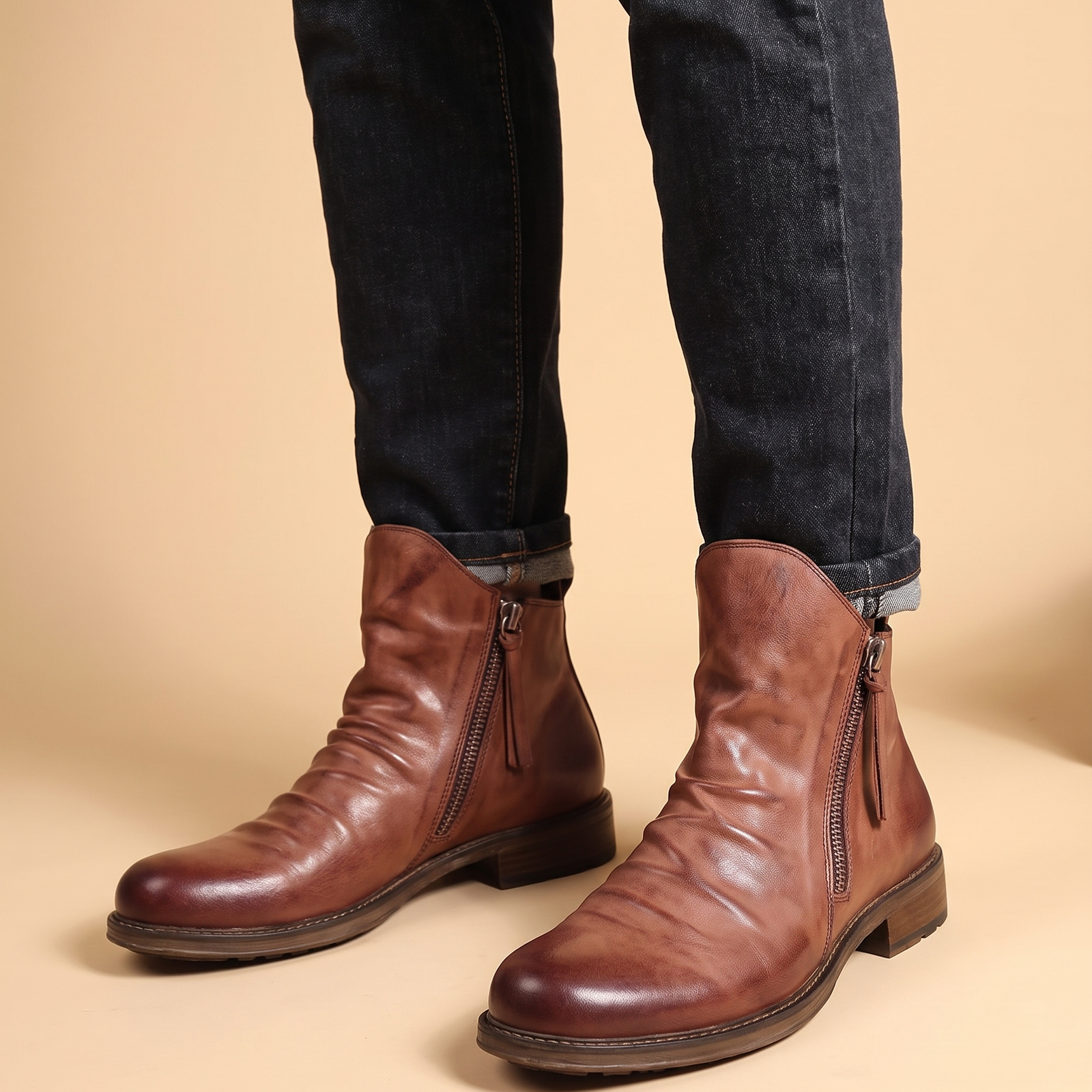 Herrenschuhe mit männlichem Model auf beigem Hintergrund