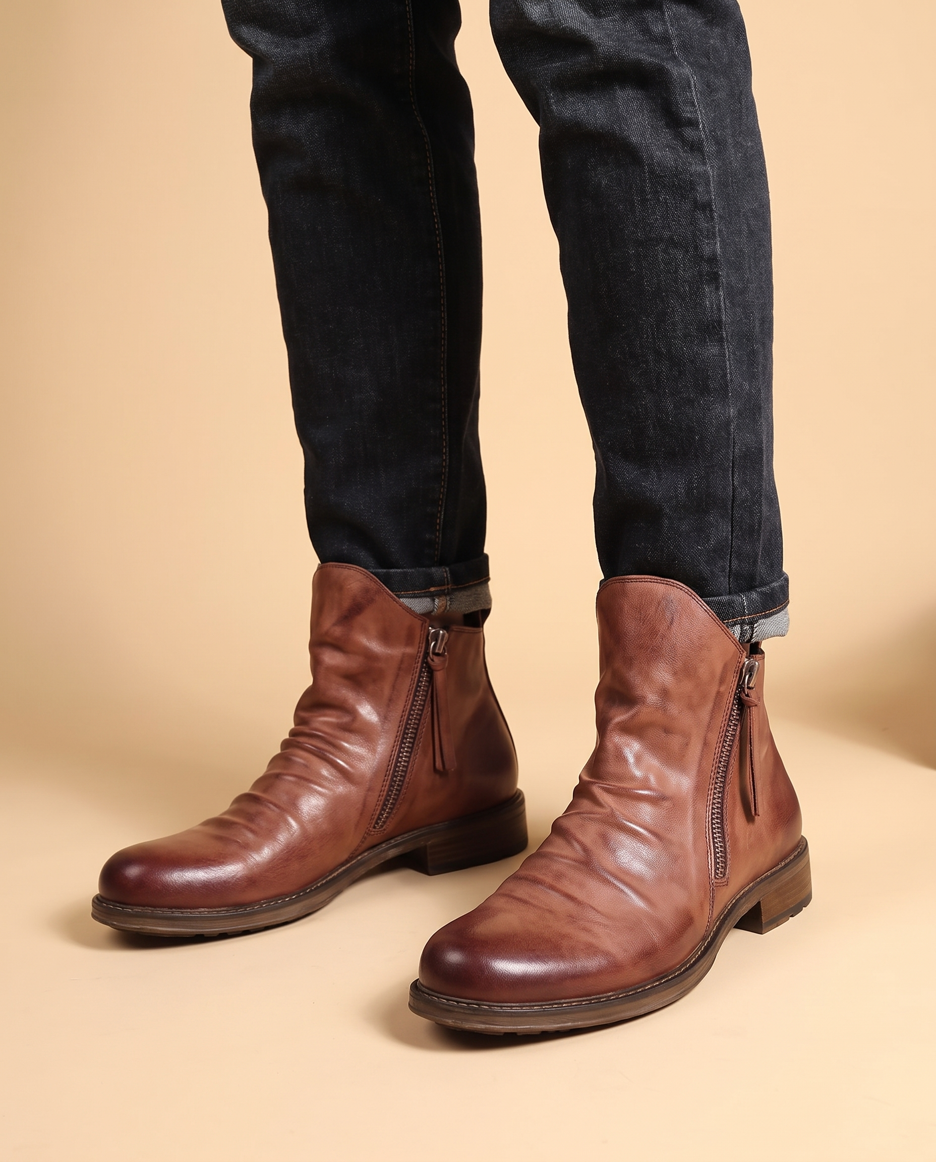 Herrenschuhe mit männlichem Model auf beigem Hintergrund