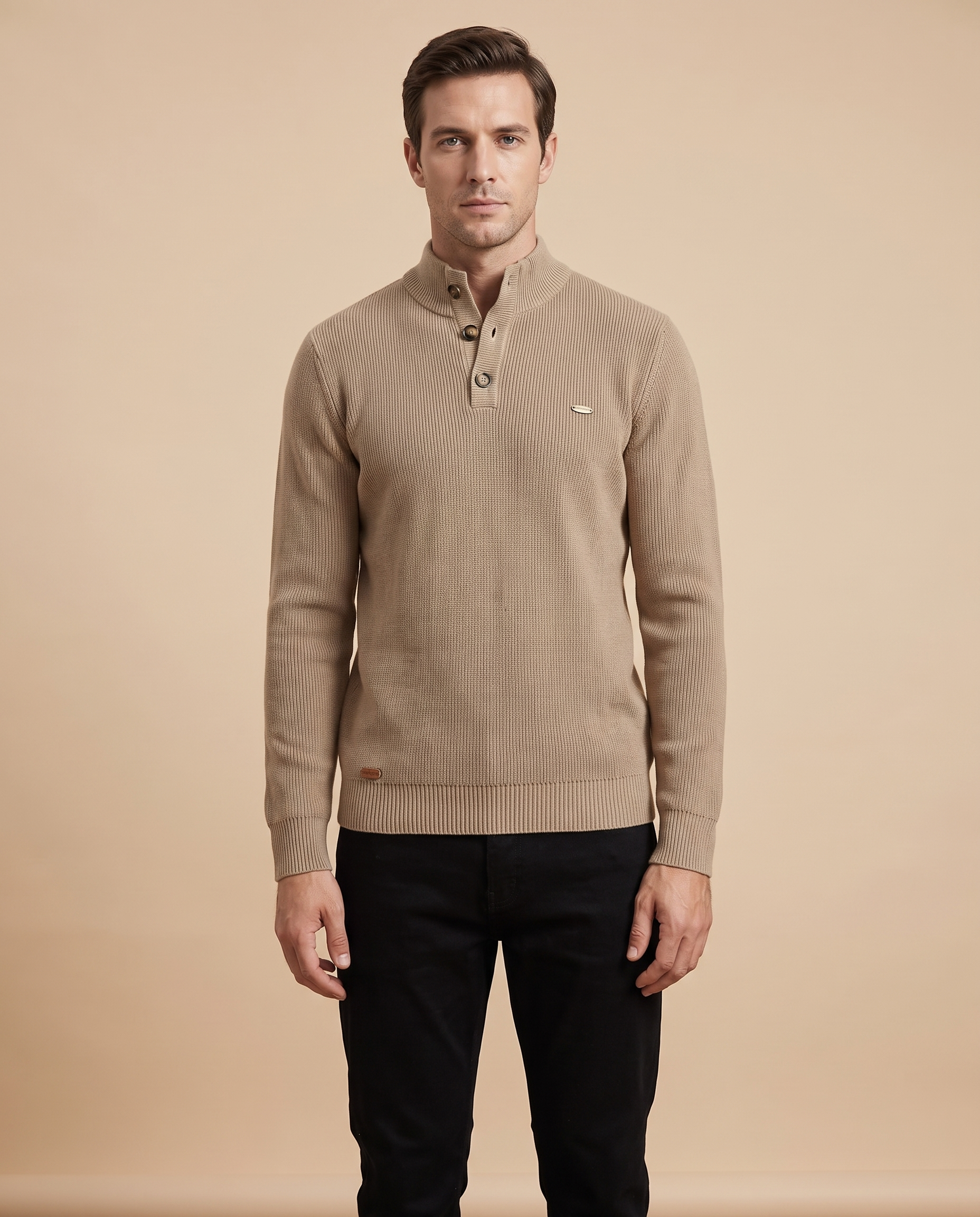 Herren-Strick auf warmbeigem Hintergrund #E8DED2 mit männlichem Modell