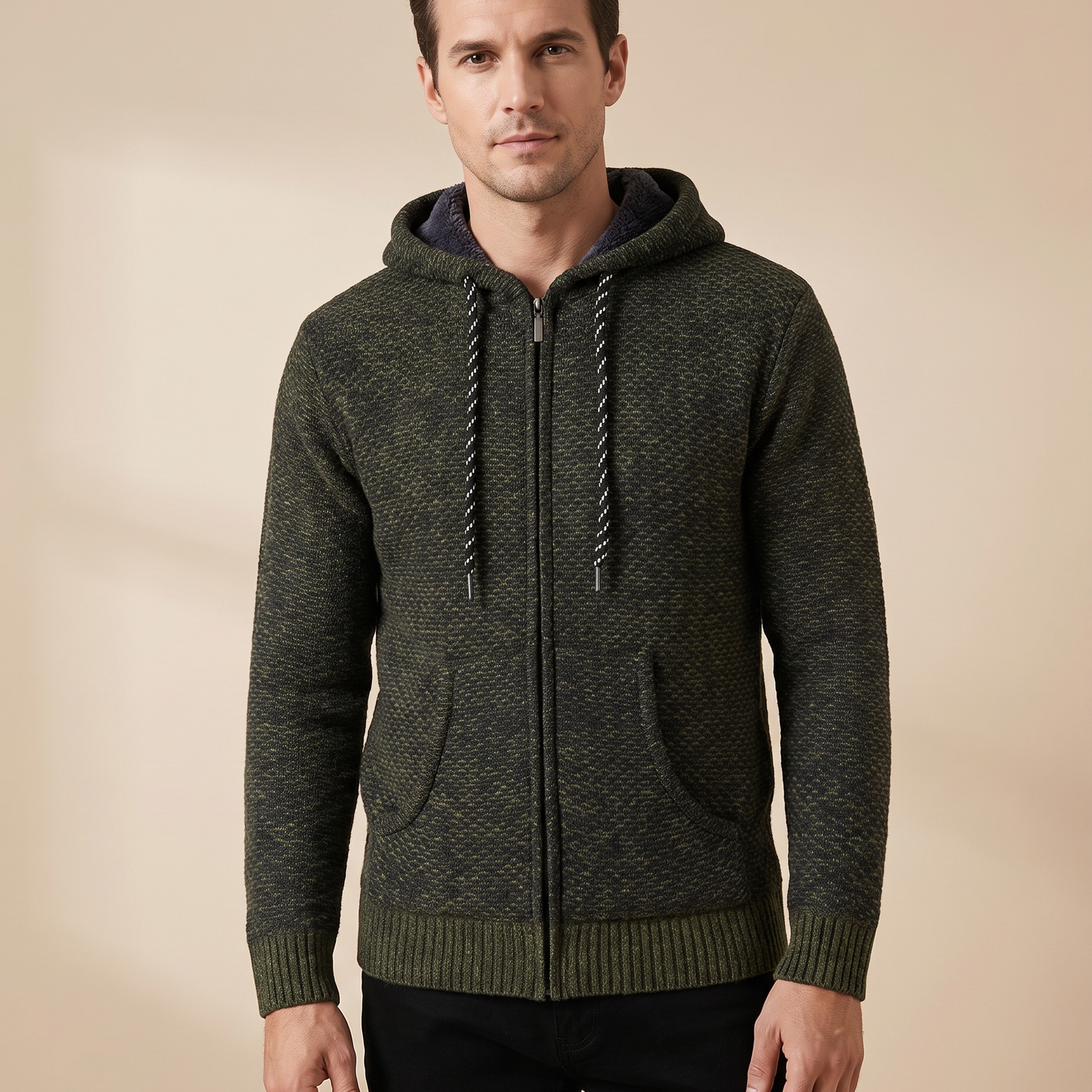Herrenstrick com modelo masculino em fundo bege