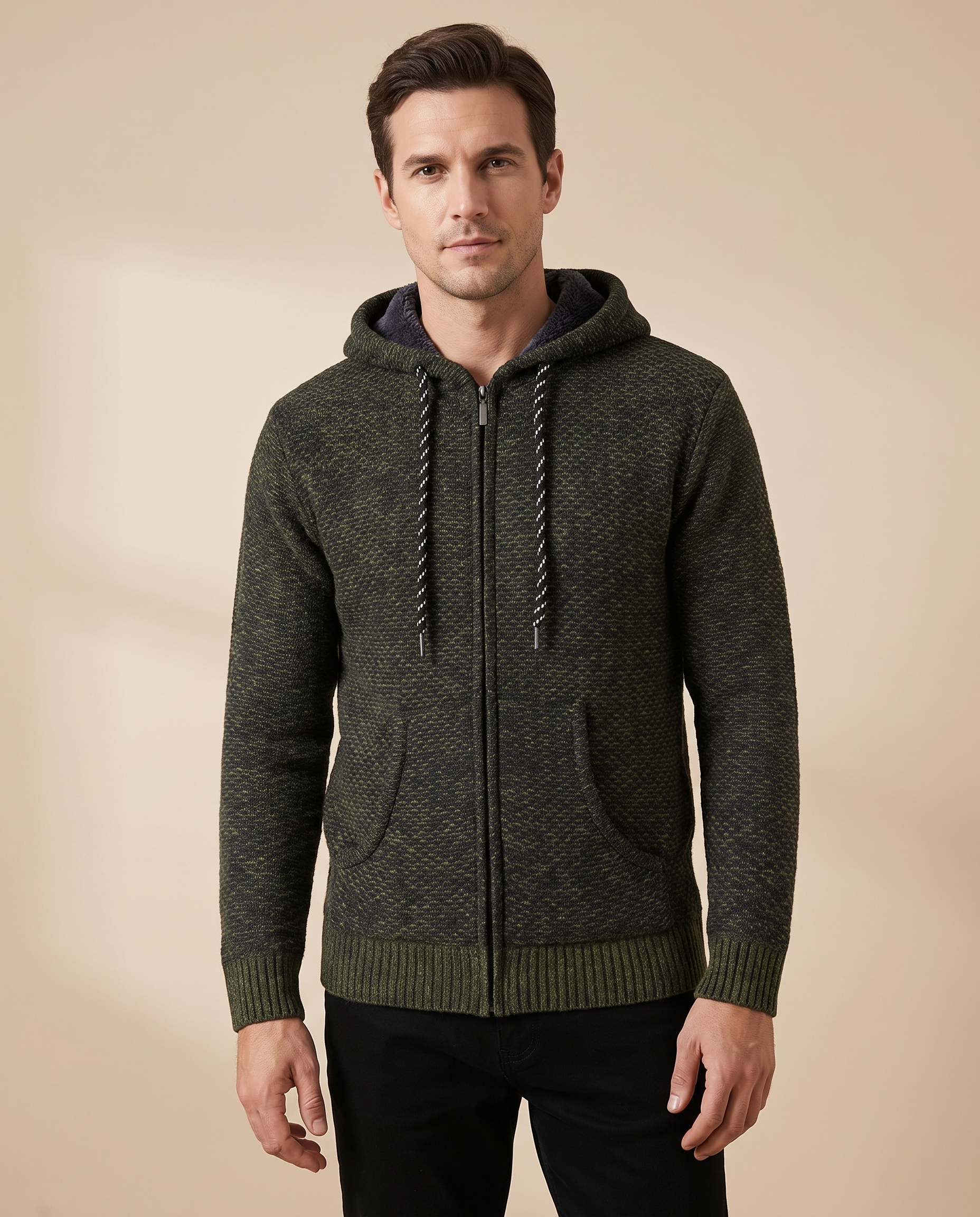 Herrenstrick com modelo masculino em fundo bege