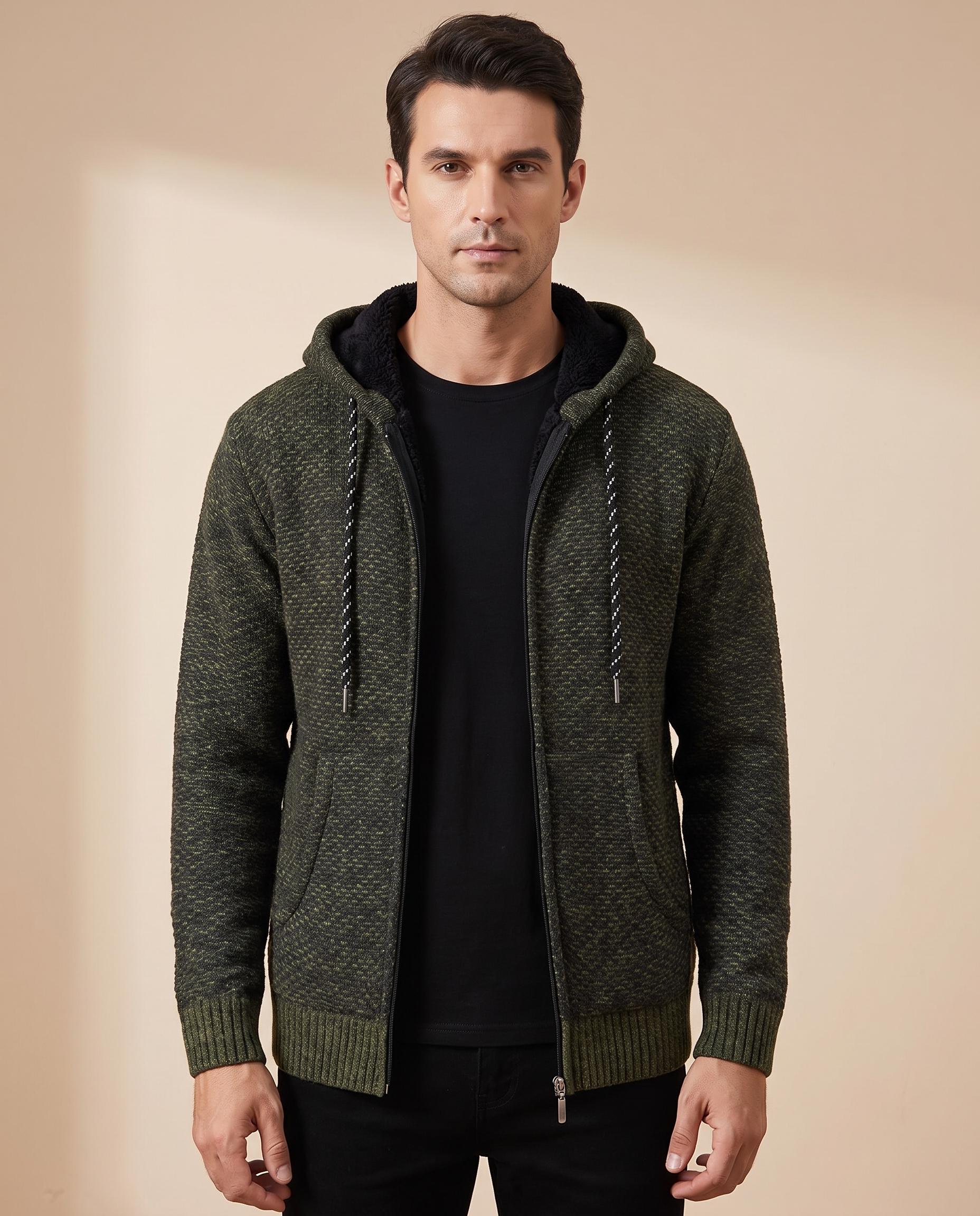 Herrenstrick com modelo masculino em fundo bege