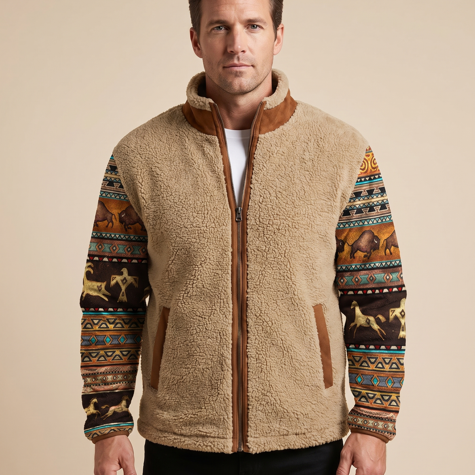 Herrenstrick com modelo masculino em fundo bege