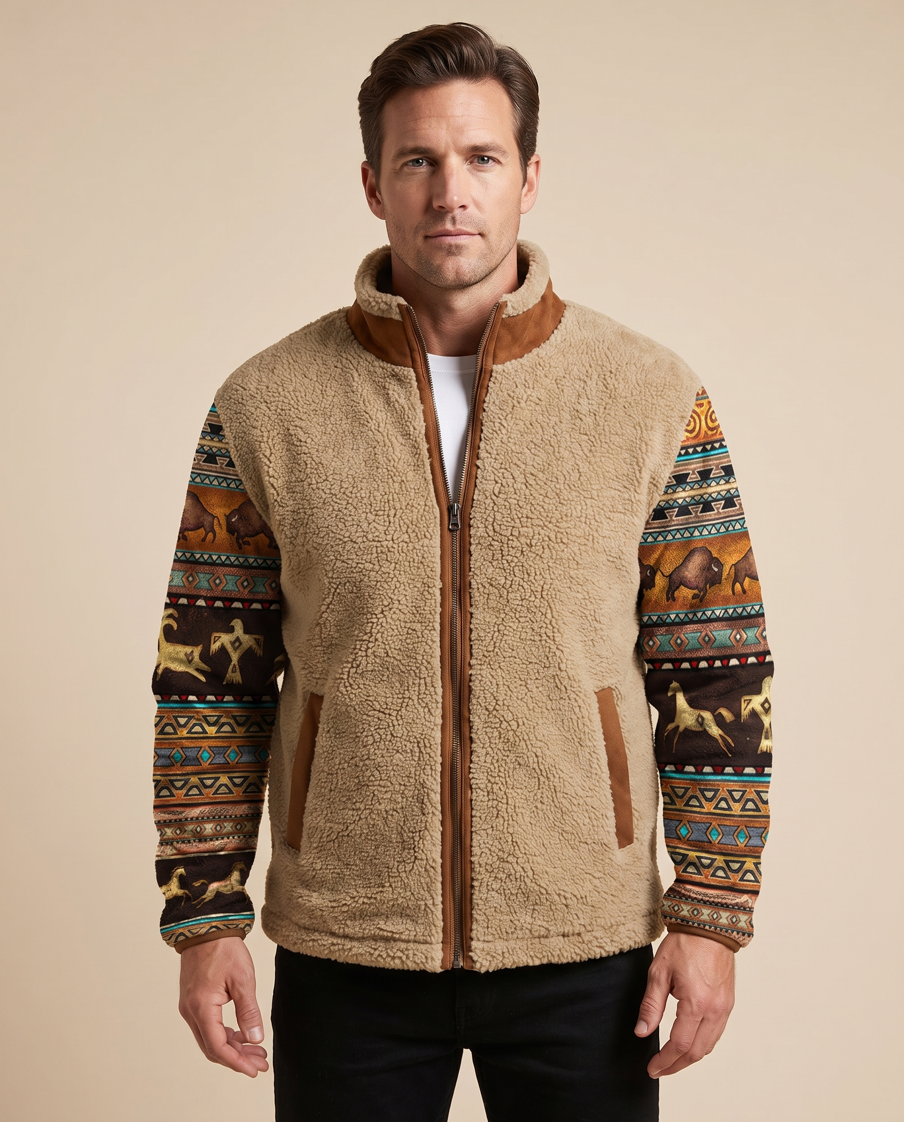 Herrenstrick com modelo masculino em fundo bege
