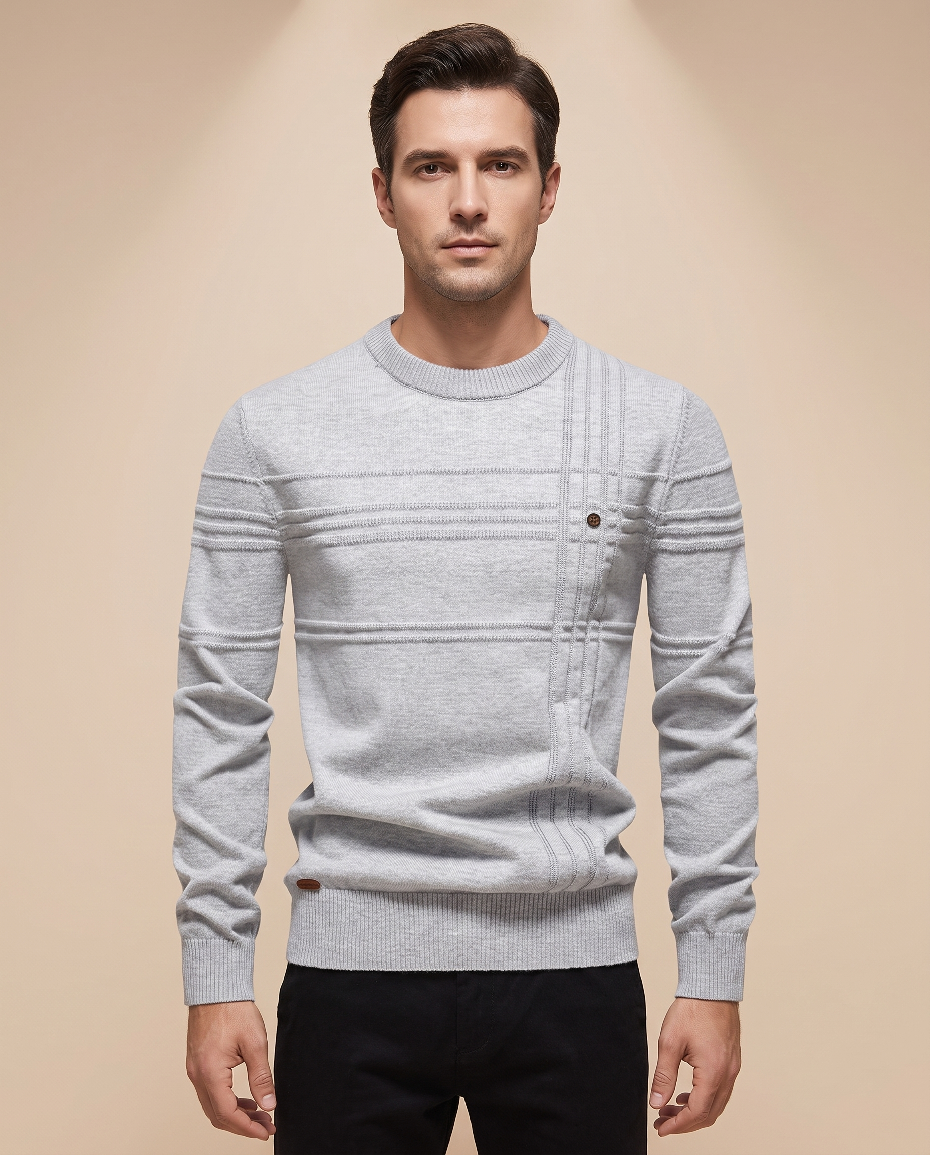 Herrenstrick com modelo masculino em fundo bege