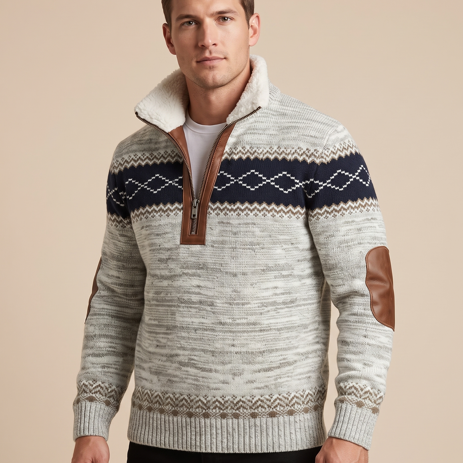 Herrenstrick com modelo masculino em fundo bege