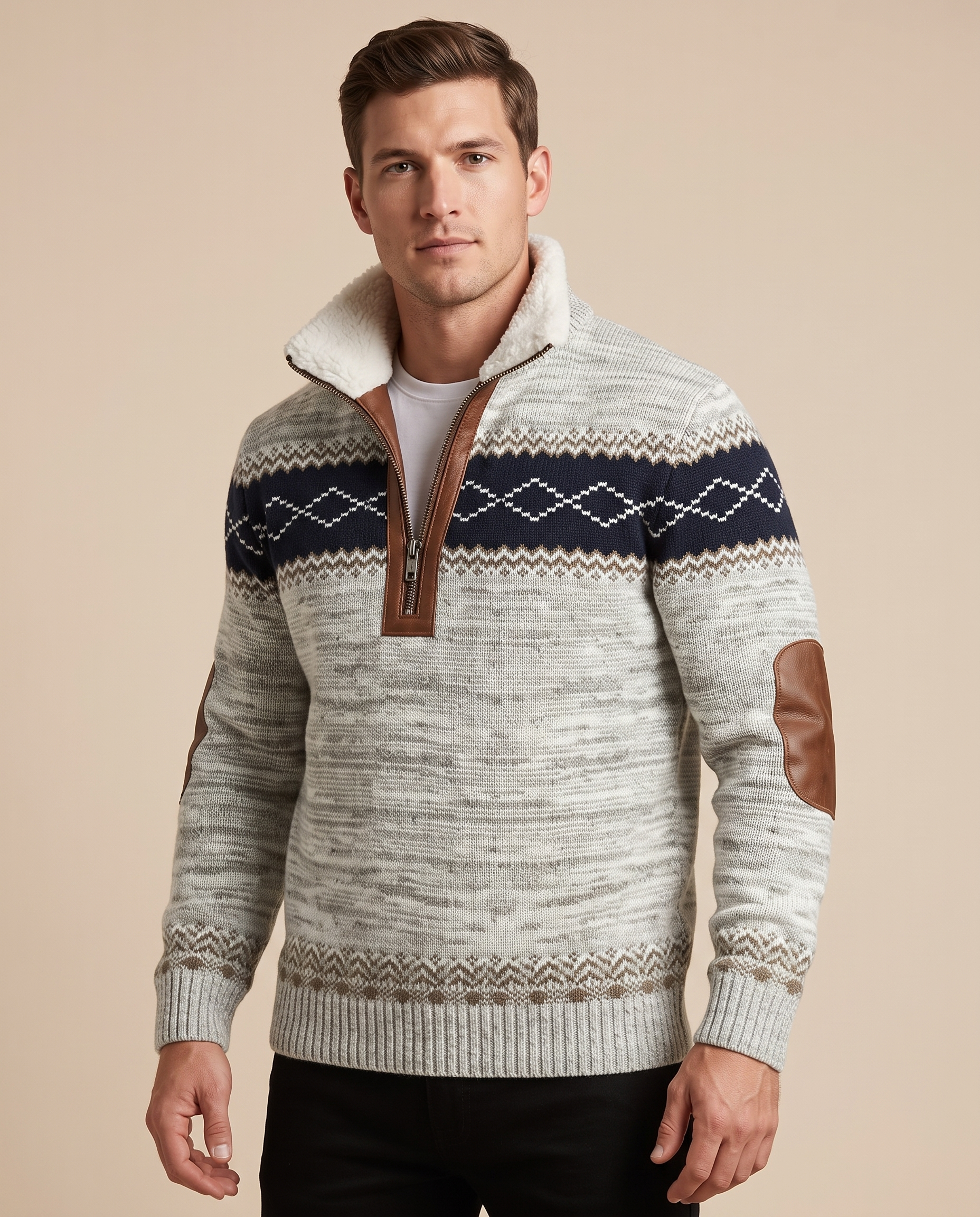 Herrenstrick com modelo masculino em fundo bege