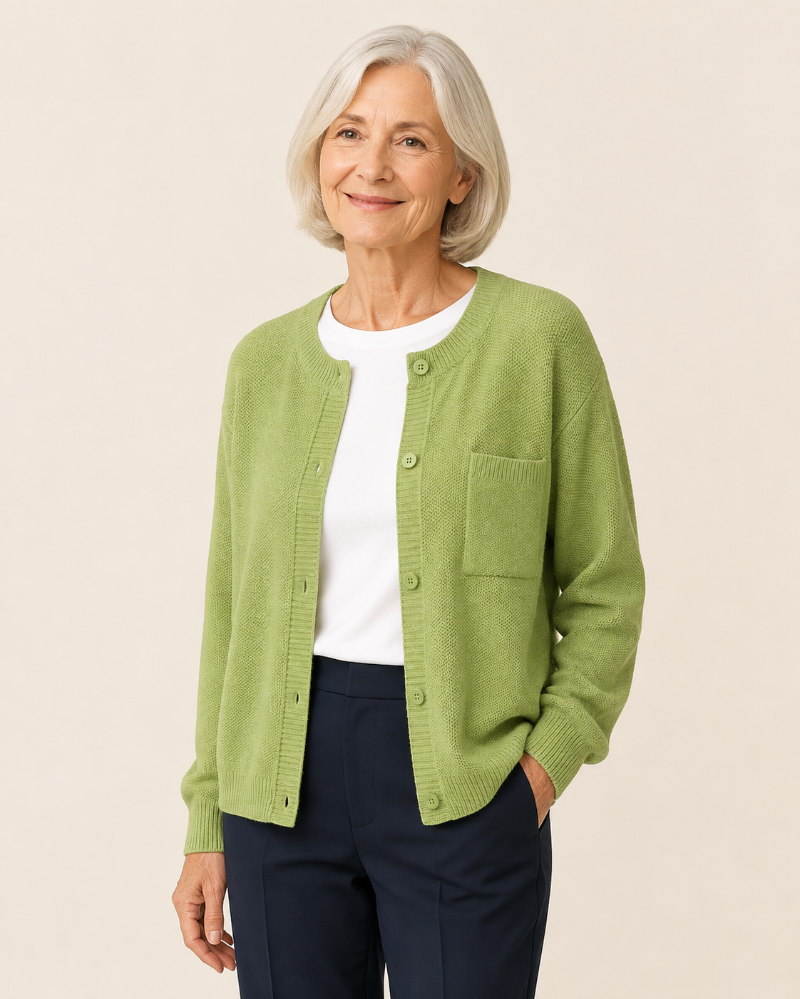 Eugenia | Damen crew-neck Cardigan mit Knöpfe und Tasche – warmbeiger Studiohintergrund