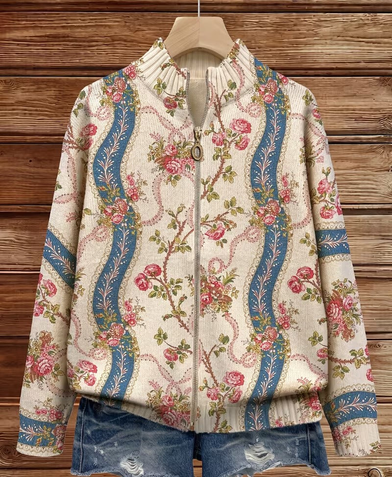 Eulalia | Damen ribbed Cardigan mit climbing rose pattern und Taschen – Bild 3