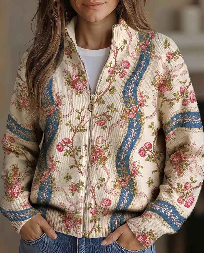 Eulalia | Damen ribbed Cardigan mit climbing rose pattern und Taschen – Bild 1
