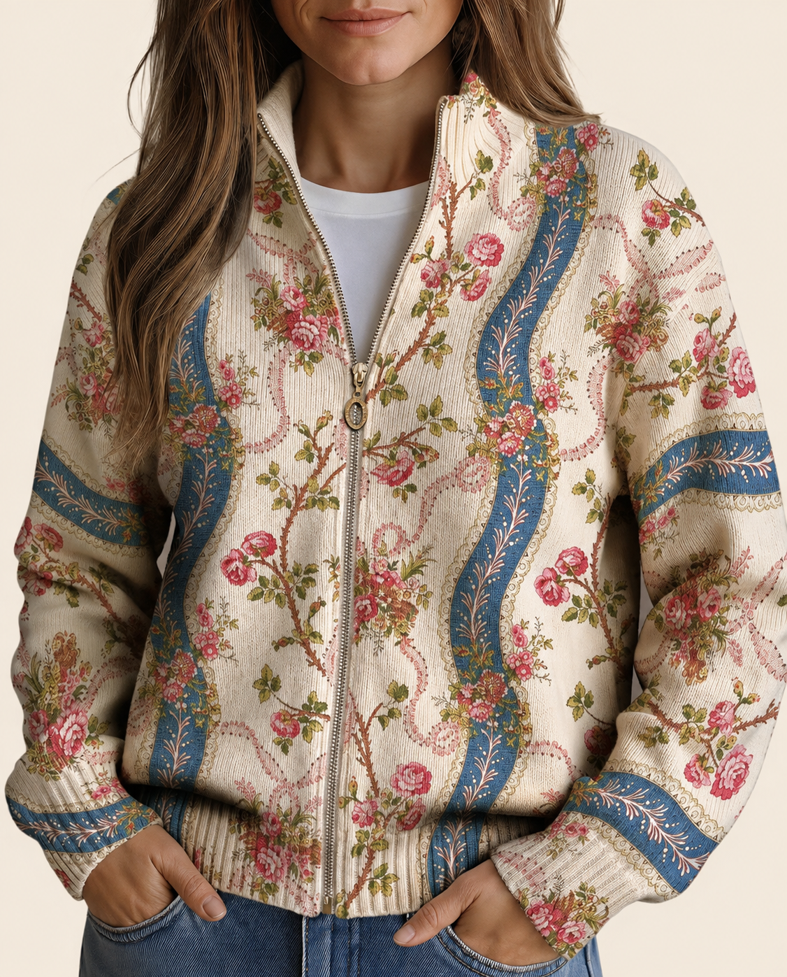 Eulalia | Damen ribbed Cardigan mit climbing rose pattern und Taschen – warmbeiger Studiohintergrund