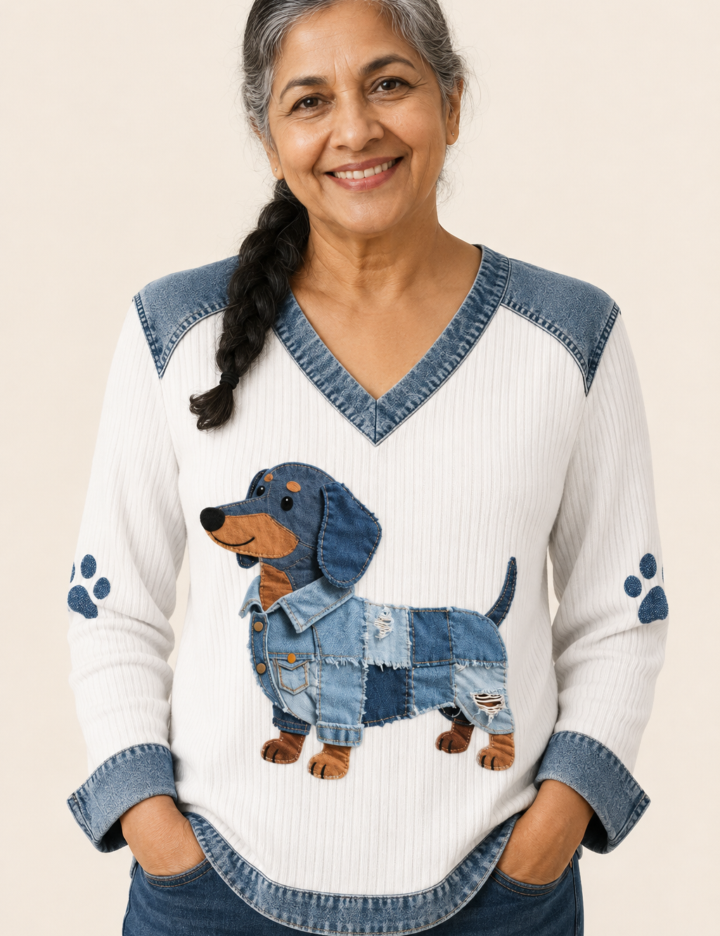 Eva weißer Patchwork-Pullover mit Denim-Welpenmotiv an reifer Frau auf warmem beigem Hintergrund