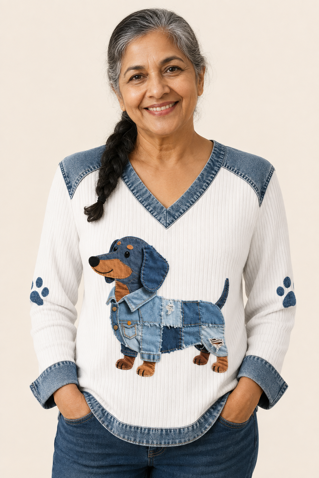 Eva weißer Patchwork-Pullover mit Denim-Welpenmotiv an reifer Frau auf warmem beigem Hintergrund