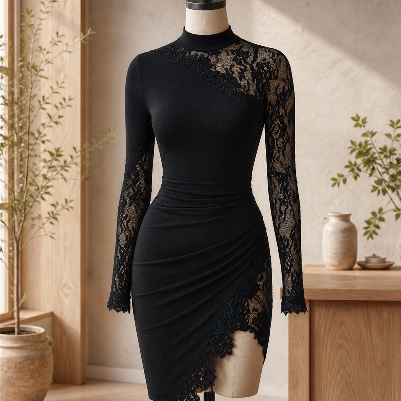 Isabela rochie mini neagră asimetrică cu dantelă - prezentare pe manechin