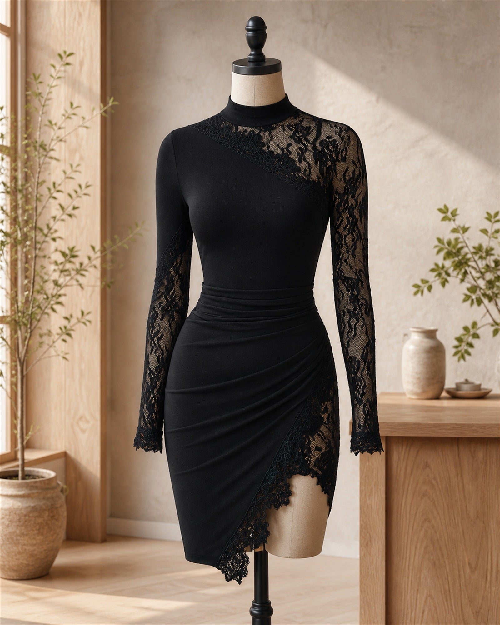 Isabela rochie mini neagră asimetrică cu dantelă - prezentare pe manechin