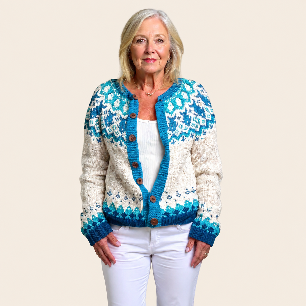 Eva | Vintage-Handcrafted Icelandic Cardigan – warmbeiger Studiohintergrund