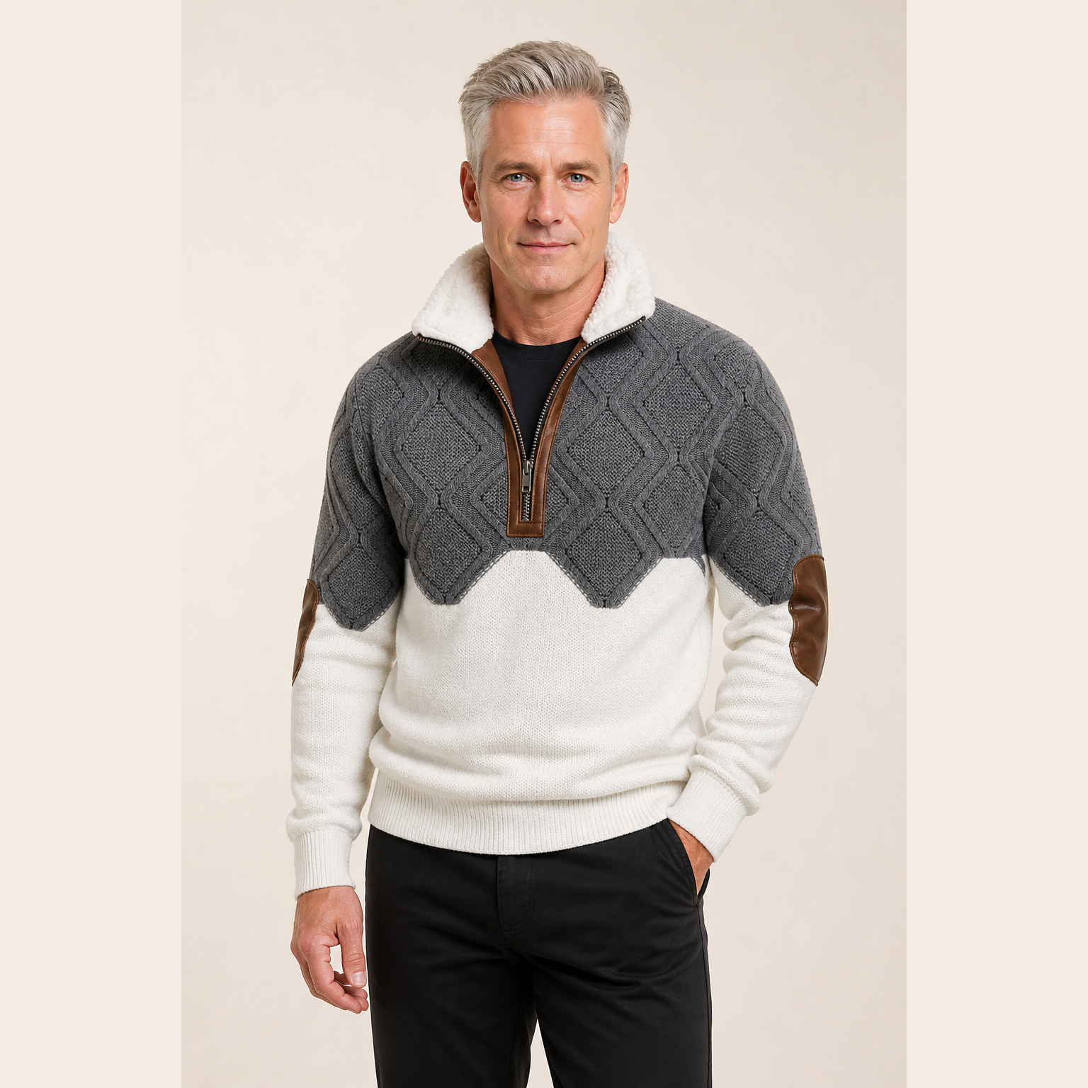 Falk Pullover mit grauem Rautenstrick, weißem Körper und kurzem Reißverschluss