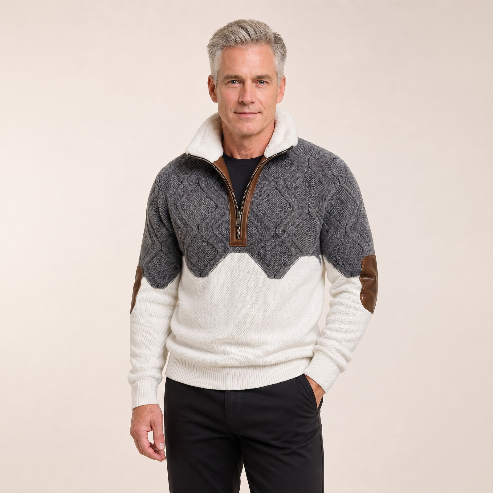 Falk Pullover in Grau und Weiß mit Sherpa-Kragen, am Model in Dreiviertelansicht