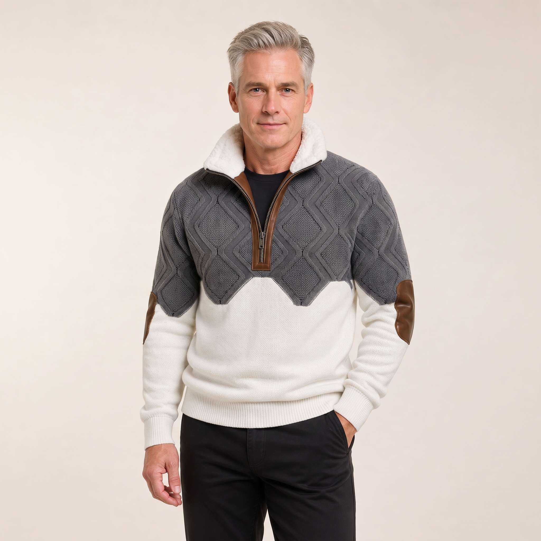 Falk Pullover in Grau und Weiß mit Sherpa-Kragen, am Model in Dreiviertelansicht