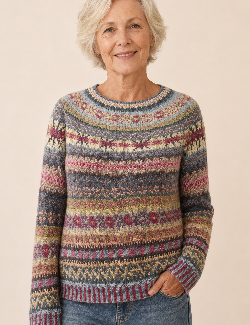 Felicia mehrfarbiger Fair-Isle-Pullover an reifer Frau auf warmem beigem Hintergrund