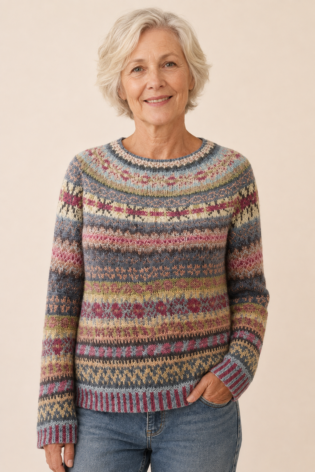Felicia mehrfarbiger Fair-Isle-Pullover an reifer Frau auf warmem beigem Hintergrund