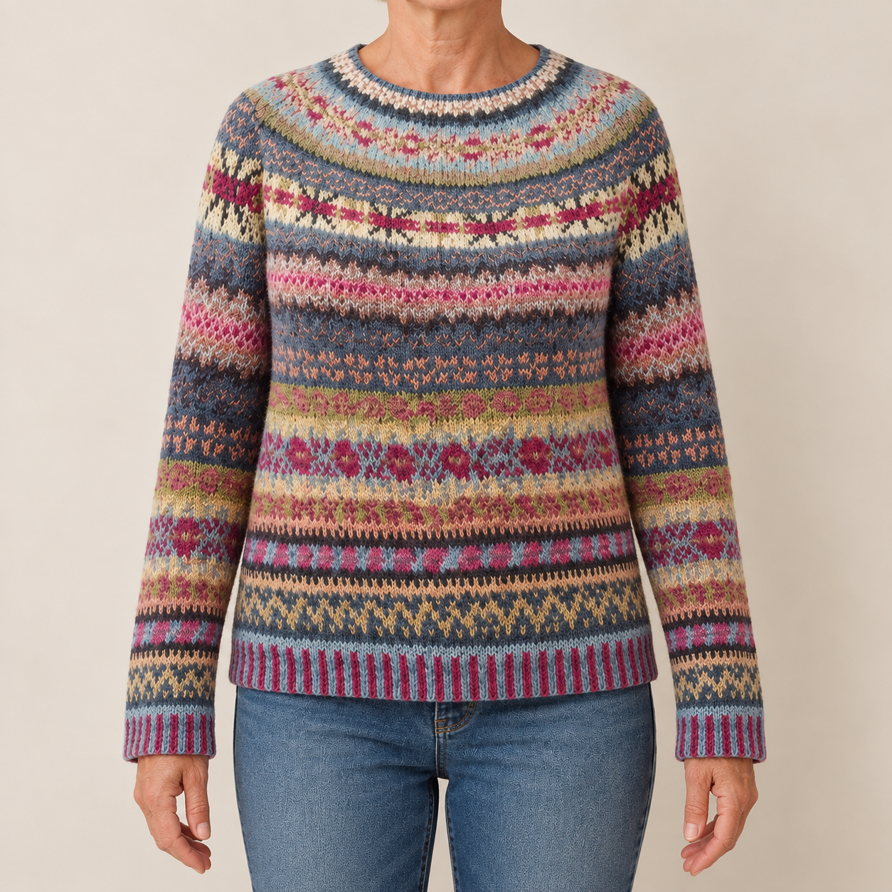 Felicia – Mehrfarbiger Fair-Isle-Pullover, vollständige Nahansicht
