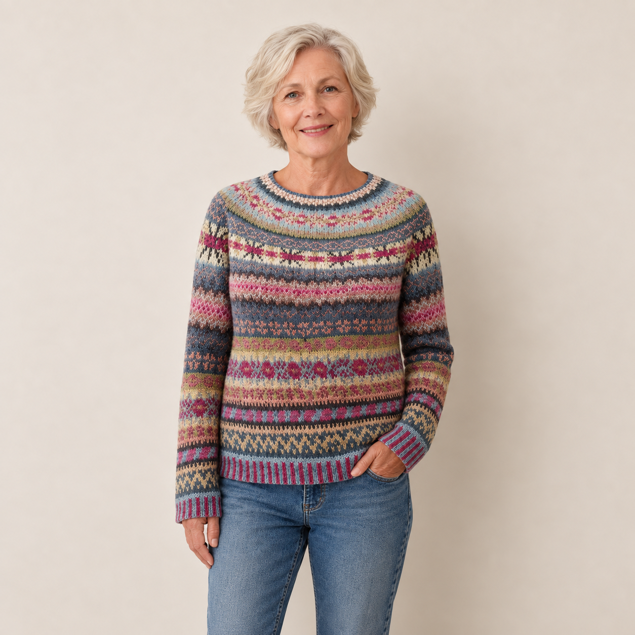 Felicia – Fair-Isle-Pullover an Model auf beigem Hintergrund