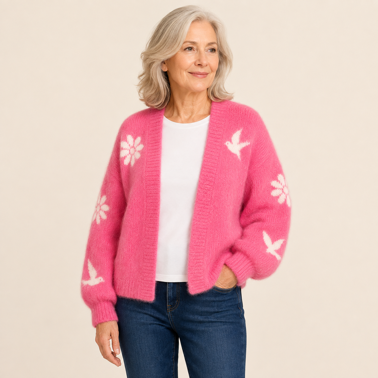 Damen’s floral V-Neck Cropped Cardigan – warmbeiger Studiohintergrund