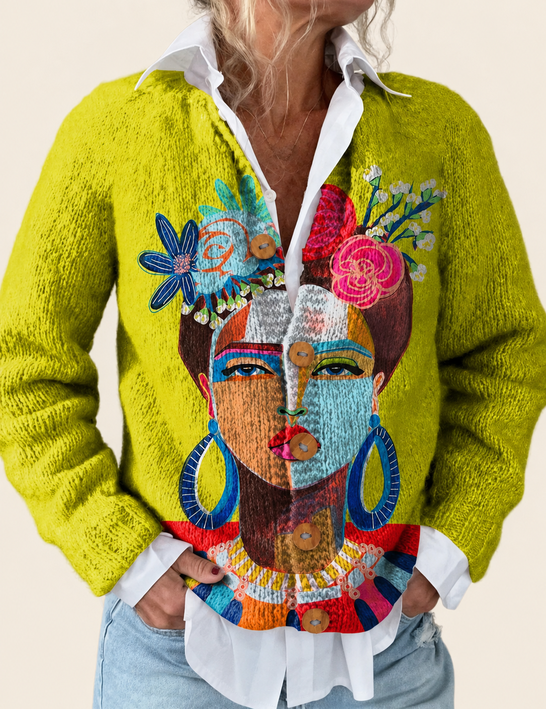 Freda | Cardigan mit Porträt-Print – uniforme Produktaufnahme