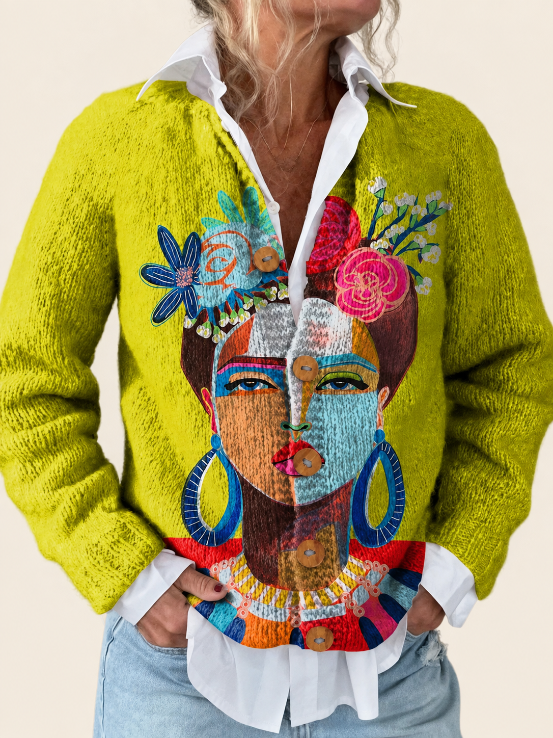 Freda | Cardigan mit Porträt-Print – uniforme Produktaufnahme