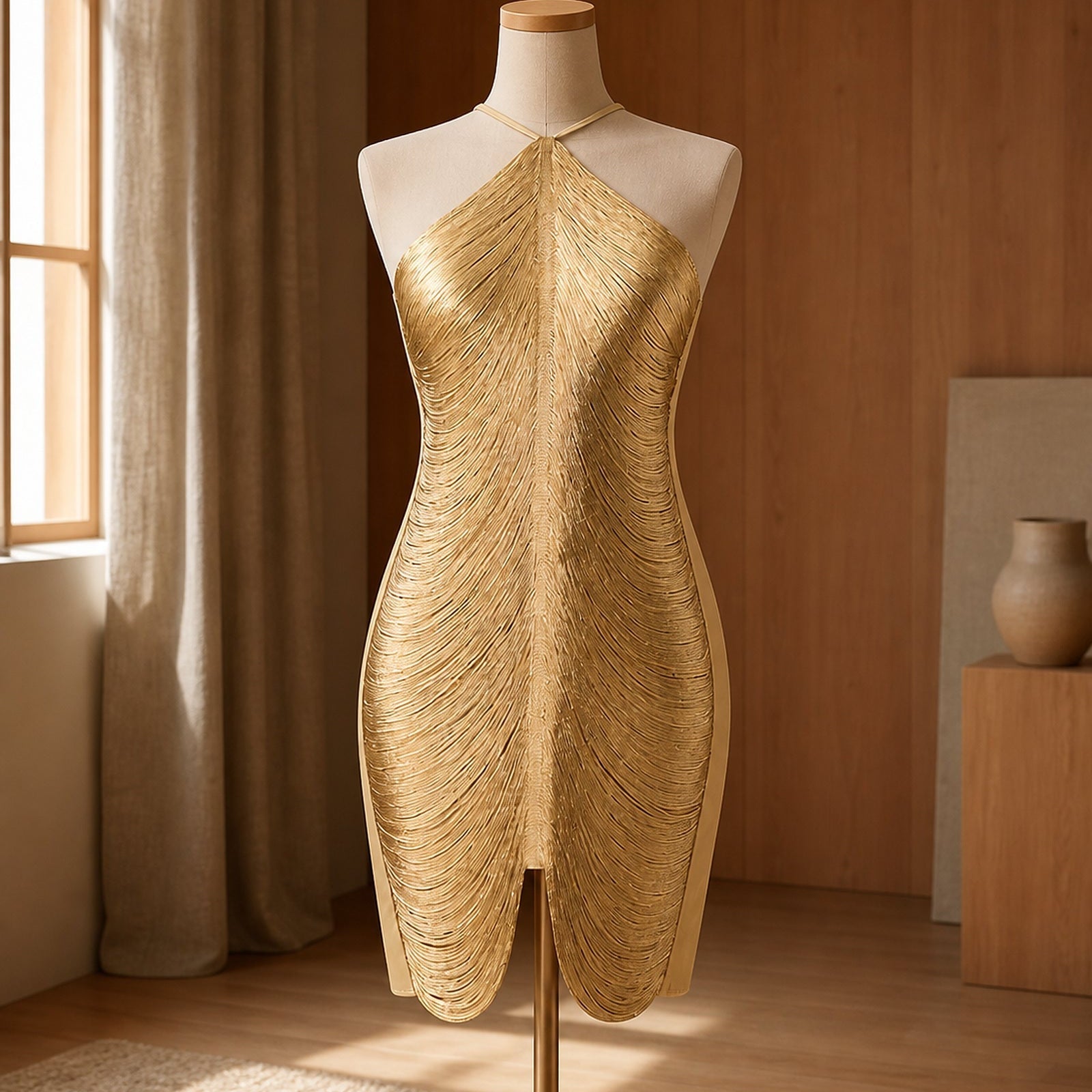 Rochie mini metalică aurie Gabriela prezentată pe manechin
