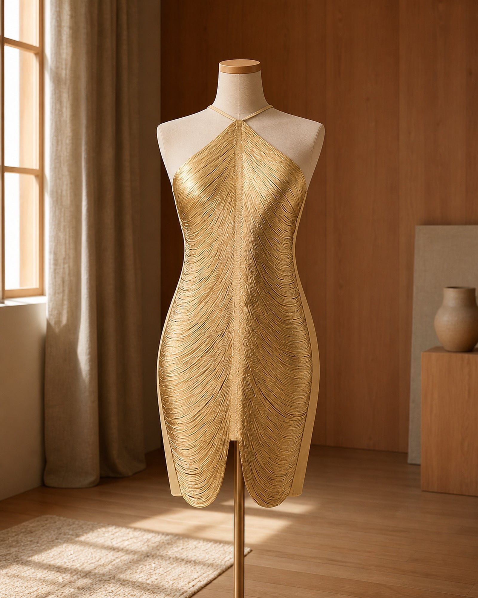 Rochie mini metalică aurie Gabriela prezentată pe manechin