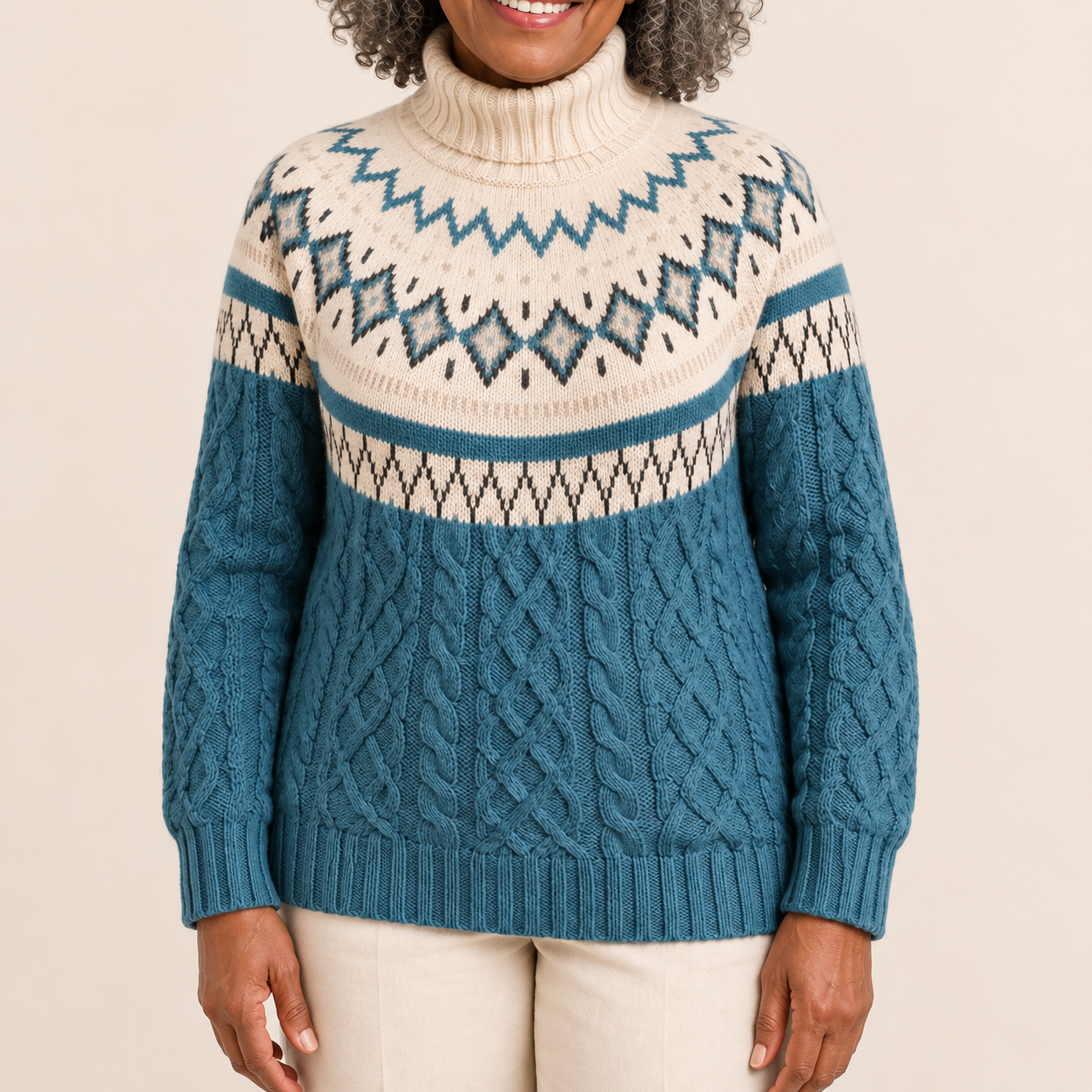 Gabriela Norwegerpullover Weiß/Blau – Detailansicht