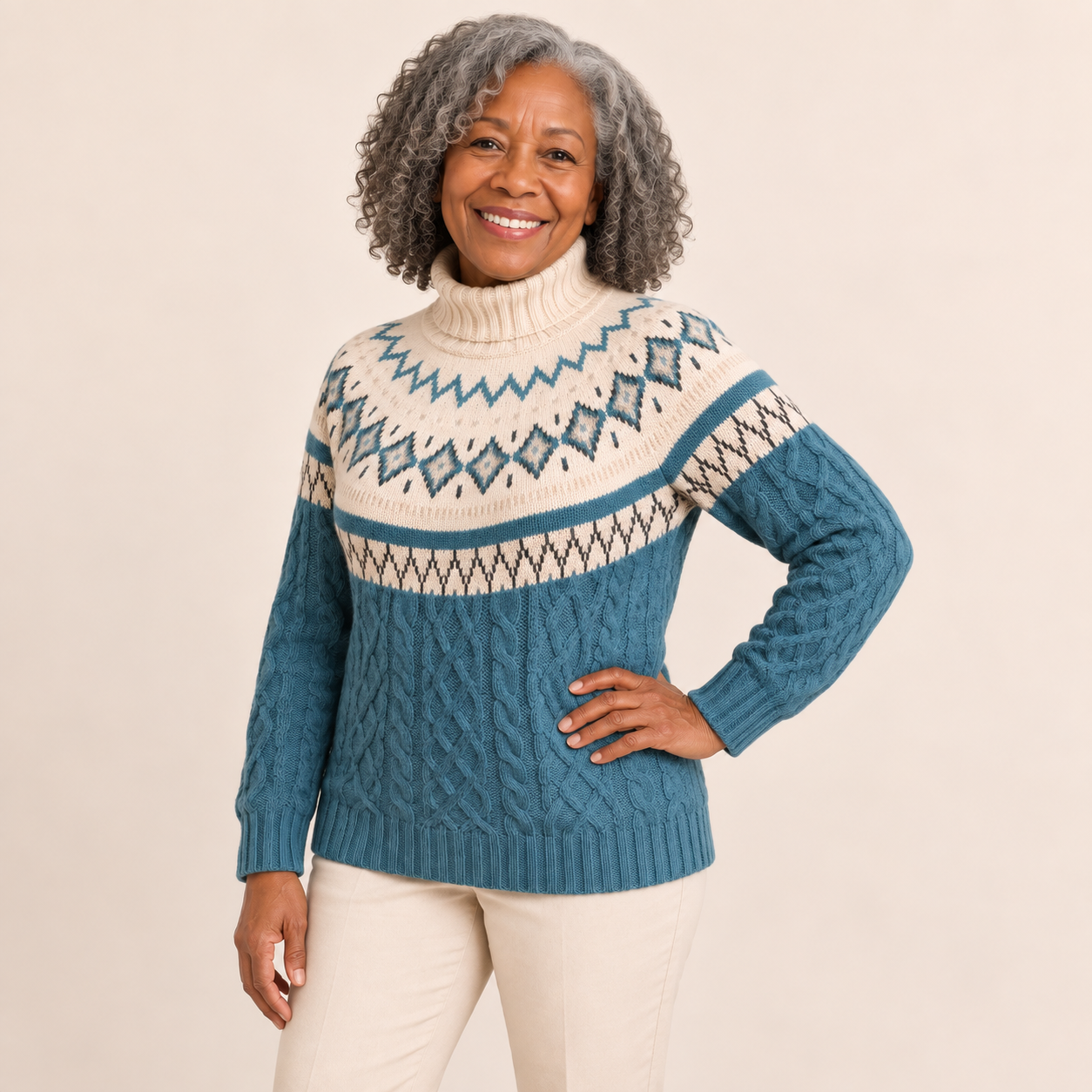 Gabriela Norwegerpullover Weiß/Blau – seitliche Modelpose