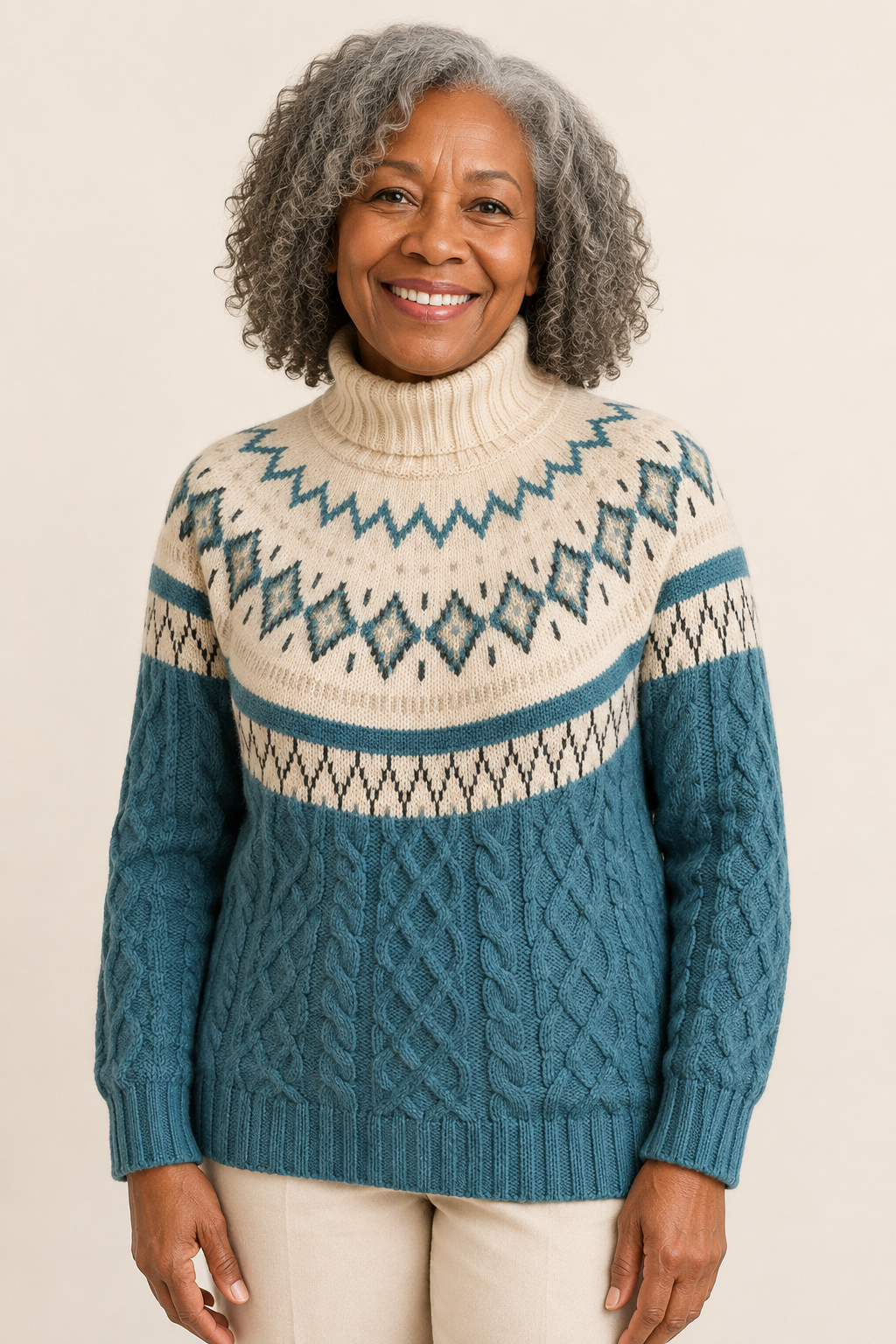 Gabriela petrolfarbener Zopf-Norwegerpullover an reifer Frau auf warmem beigem Hintergrund