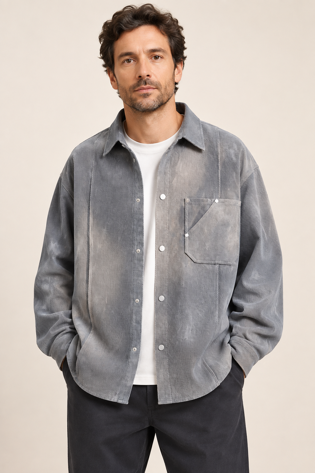 Graues Cord-Workshirt an Mann auf warmem beigem Hintergrund