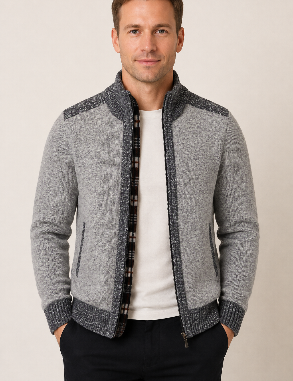 Graue Strick-Zip-Jacke an Mann auf warmem beigem Hintergrund