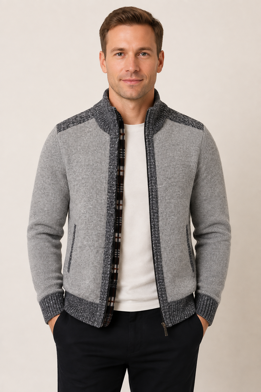 Graue Strick-Zip-Jacke an Mann auf warmem beigem Hintergrund