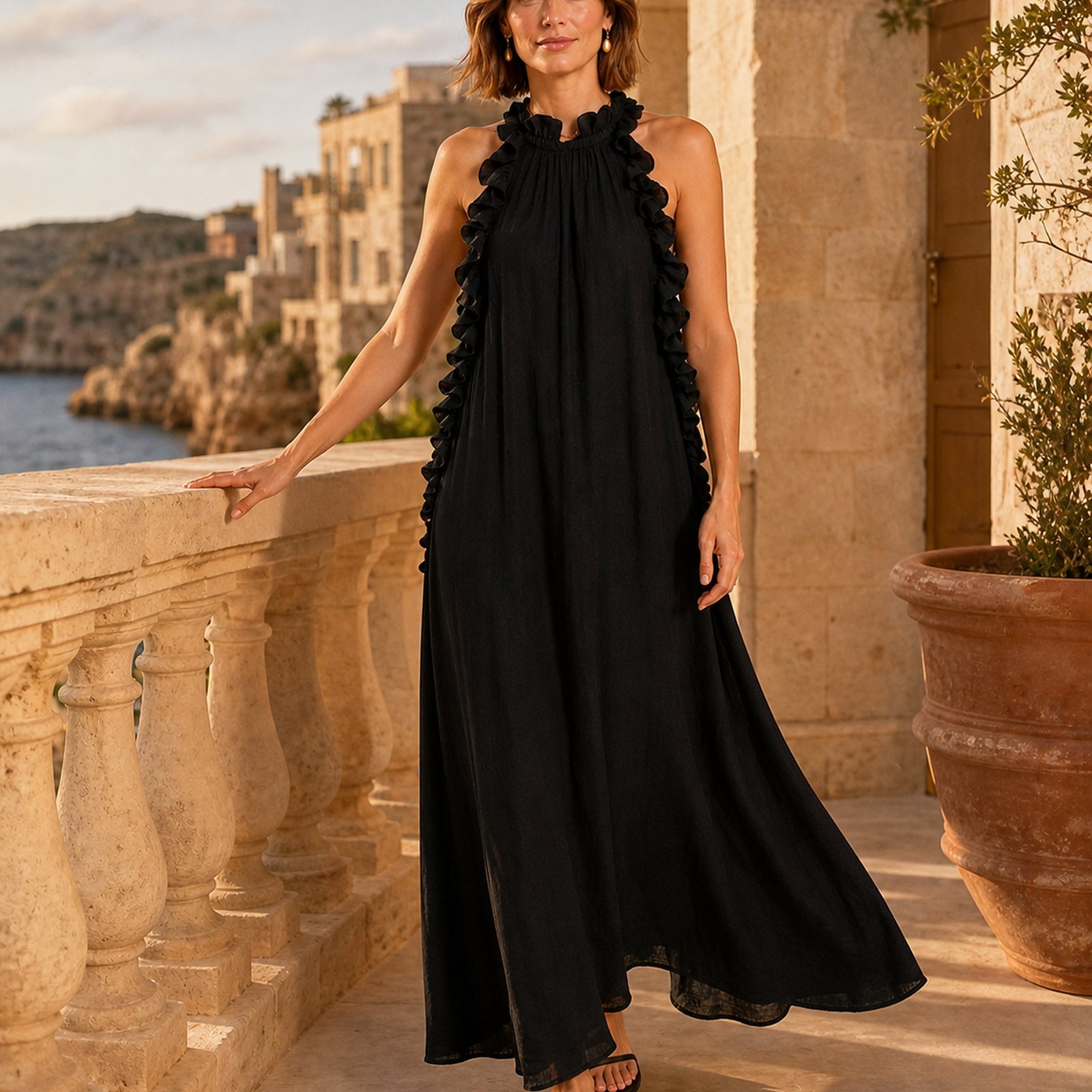 Gwyneth Negru – rochie maxi purtată în exterior