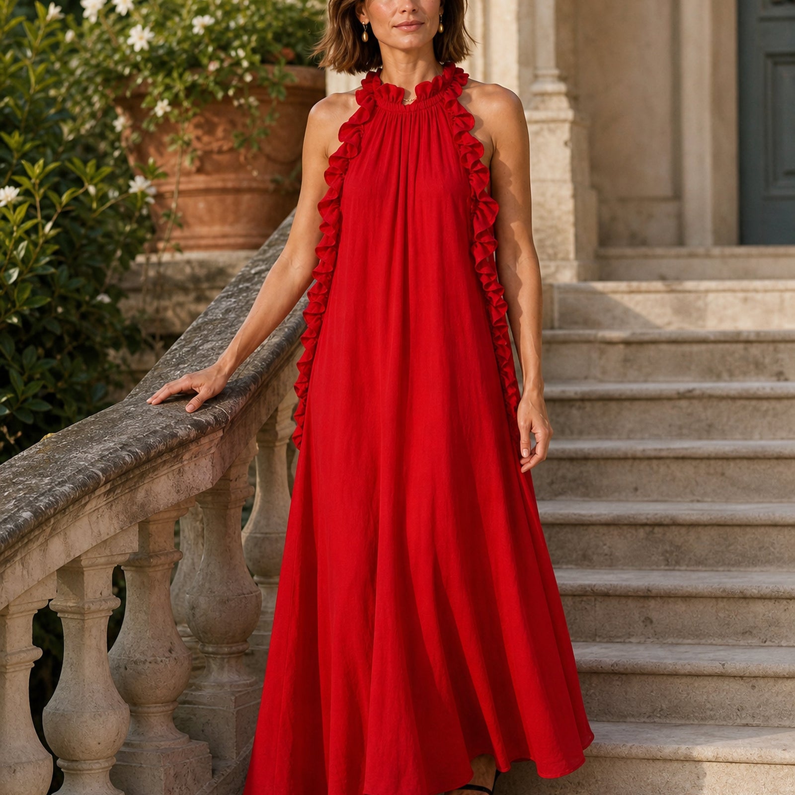 Gwyneth Roșu – rochie maxi purtată în exterior