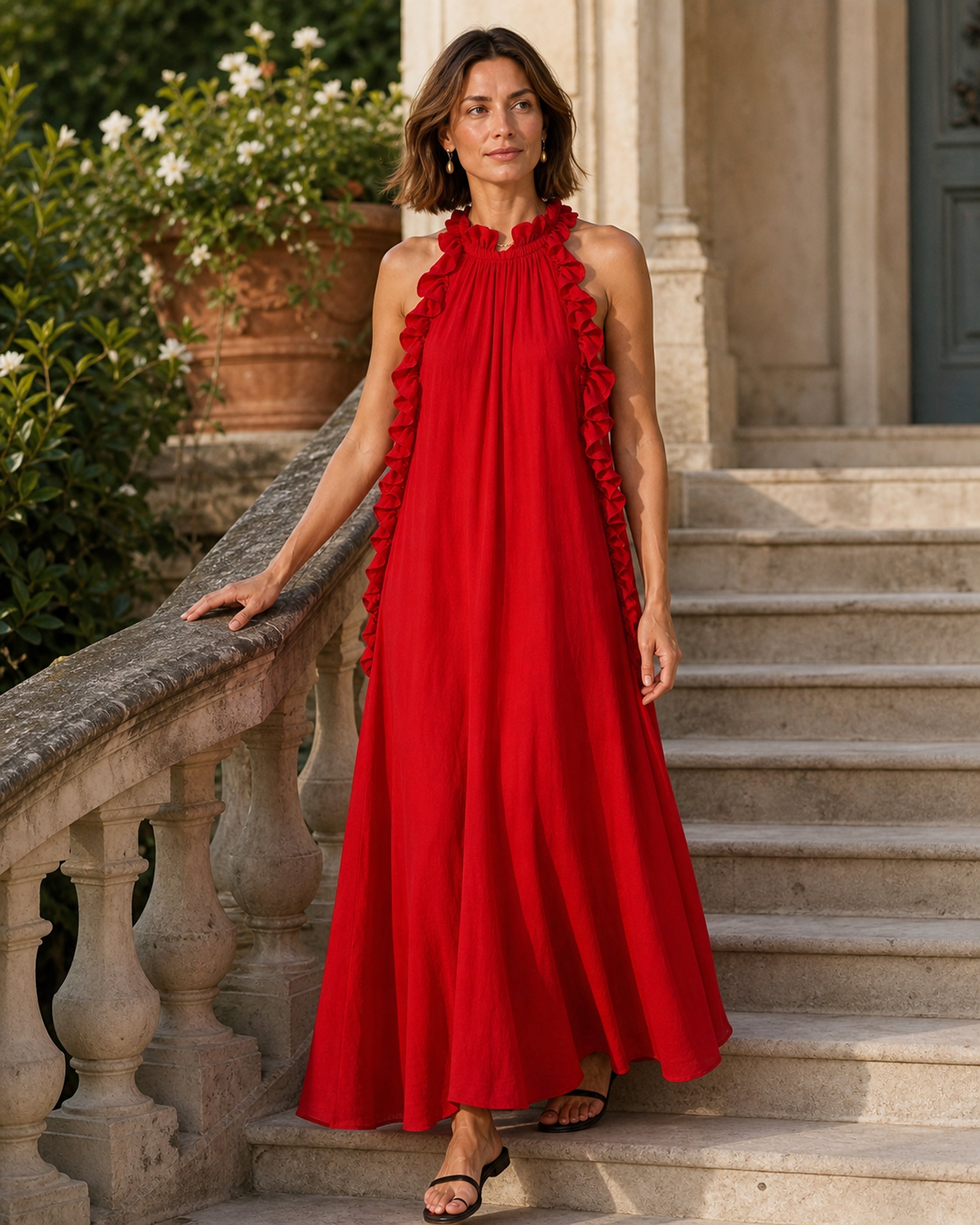 Gwyneth Roșu – rochie maxi purtată în exterior