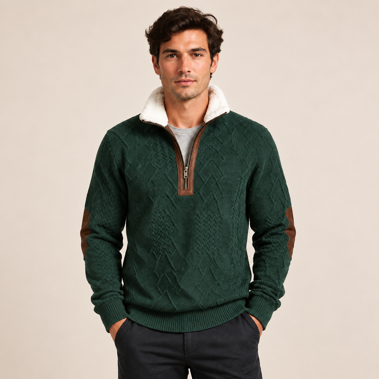 Henrik Pullover in Dunkelgrün mit weißem Lammfellkragen, frontal am Model