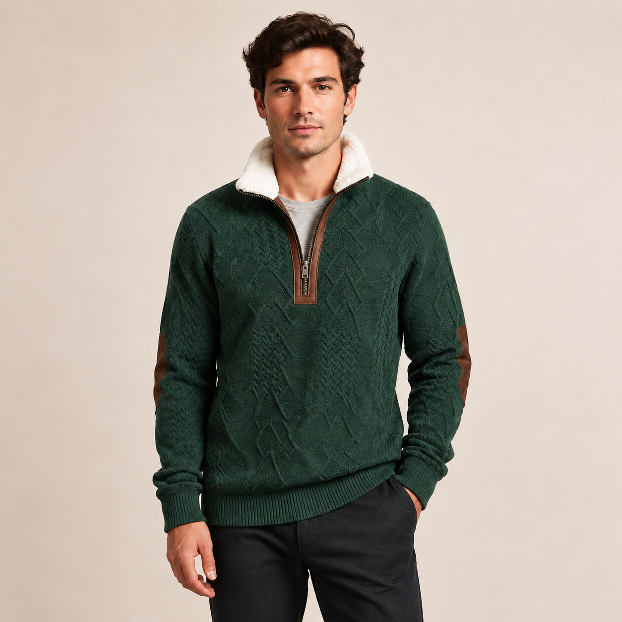 Henrik Pullover in Dunkelgrün mit strukturiertem Muster und kurzem Reißverschluss