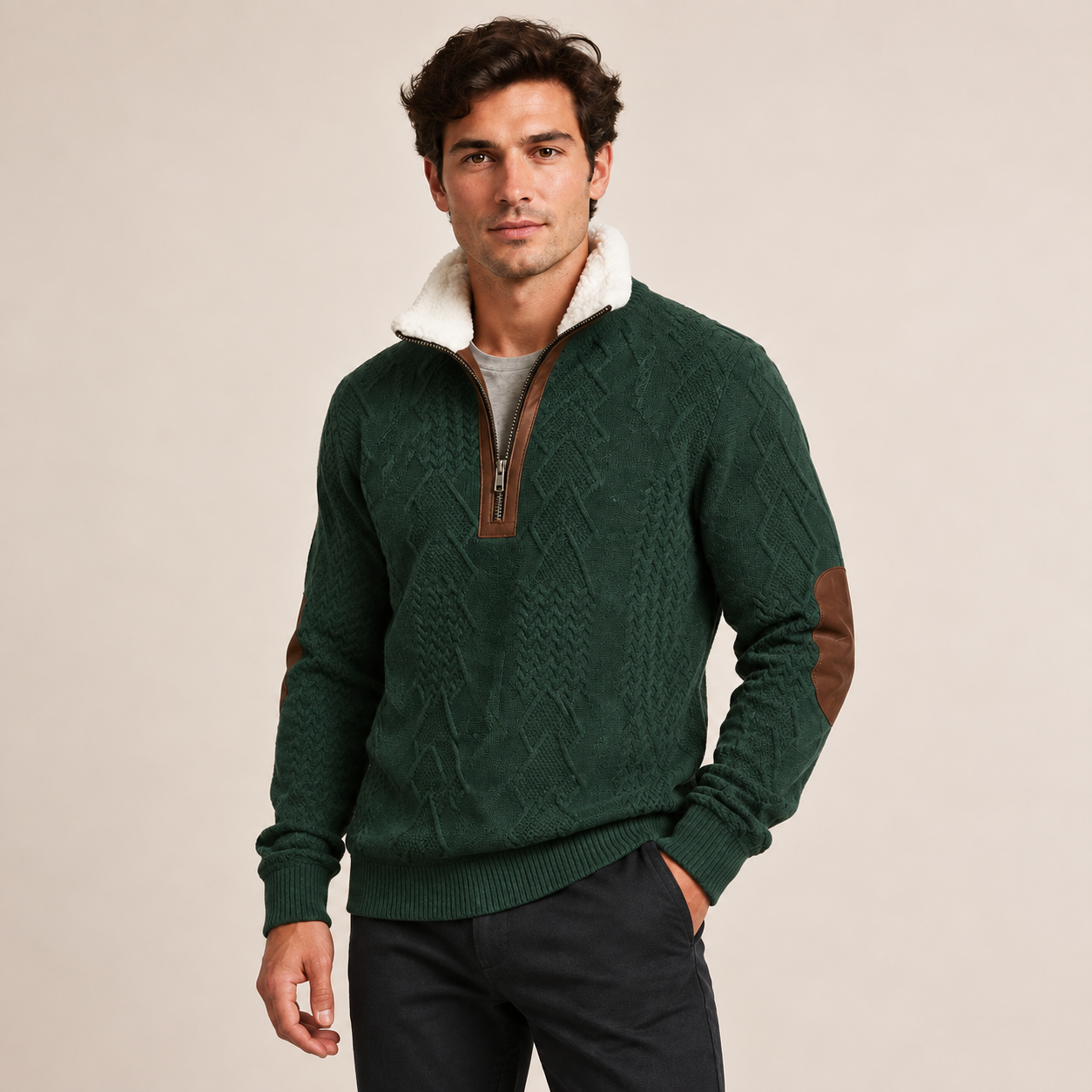 Henrik Pullover in Dunkelgrün mit Lammfellkragen, am Model in Dreiviertelansicht