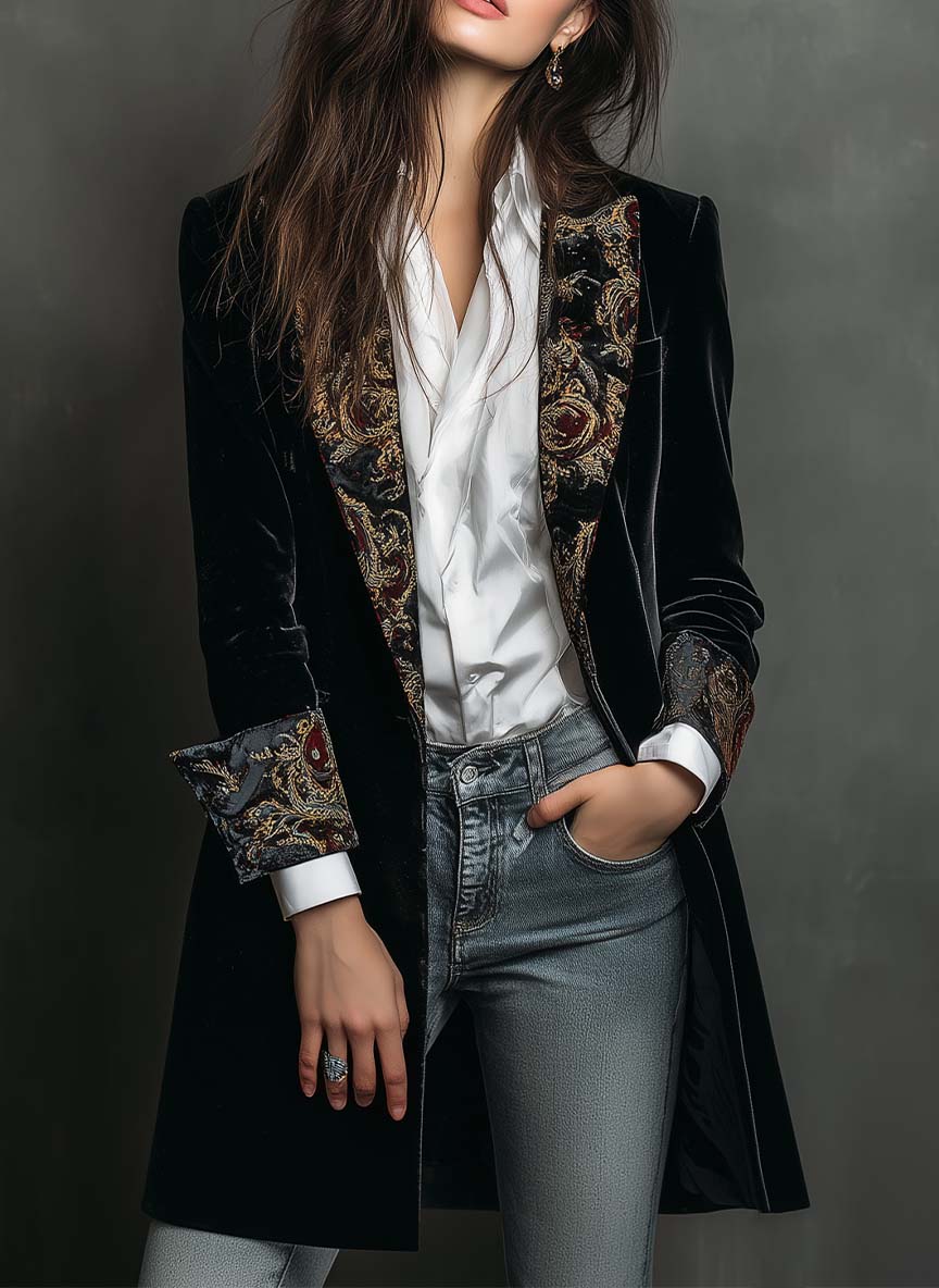 Camilla | Enganliegender Blazer mit schwarzem Barockmuster – Bild 1