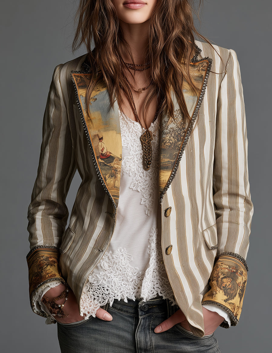 Rosanna | Gestreifter Boho-Blazer mit bedrucktem Kragen–Bild1